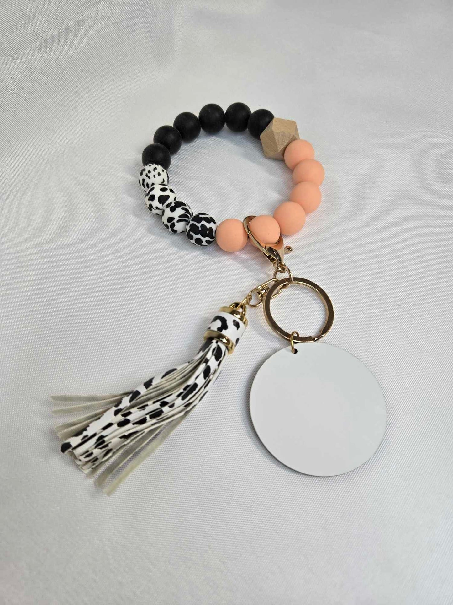 Black Cowprint and Color Keychain Bracelet with MDF Sub Disk