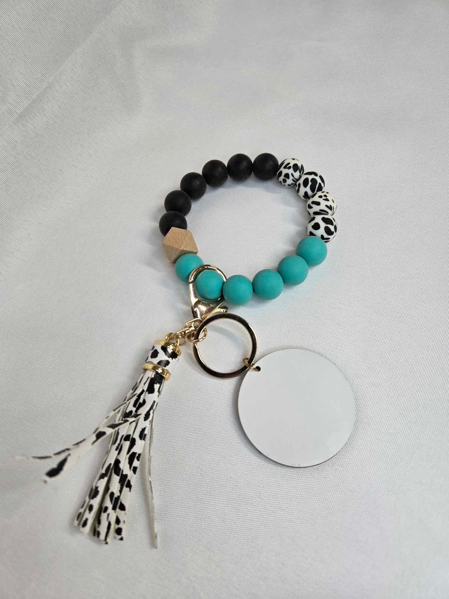 Black Cowprint and Color Keychain Bracelet with MDF Sub Disk