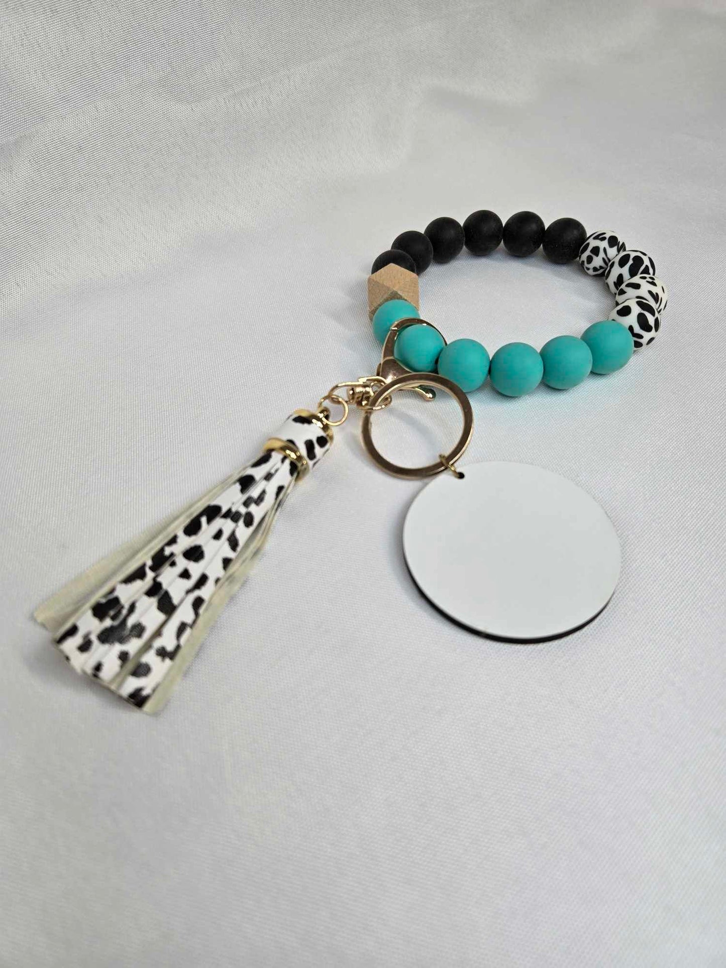 Black Cowprint and Color Keychain Bracelet with MDF Sub Disk