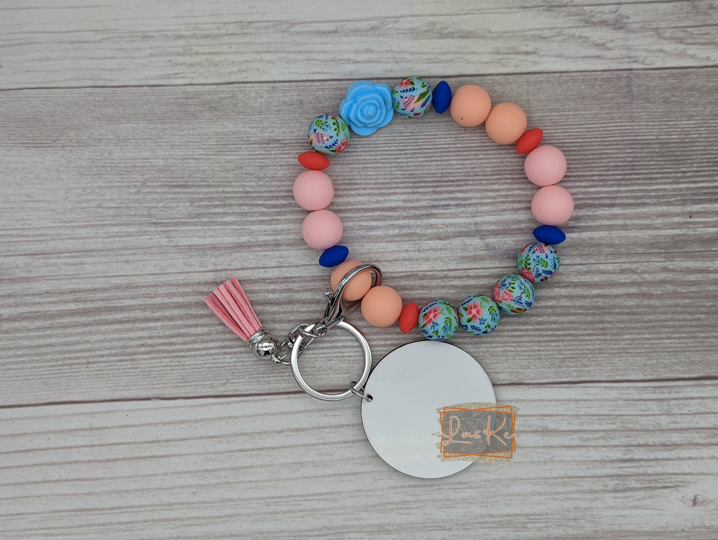 Pink Orange Blue Flower Keychain Bracelet with MDF Sub Disk
