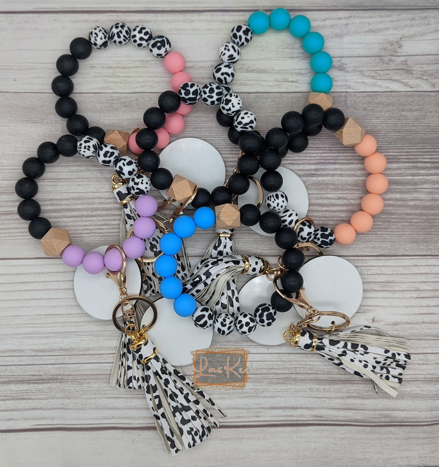 Black Cowprint and Color Keychain Bracelet with MDF Sub Disk